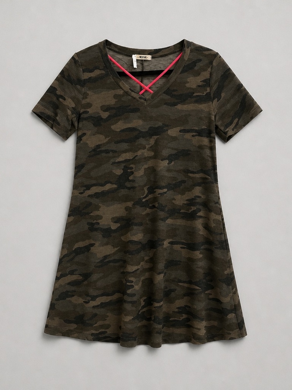 First Love Camo V-Neck Dress with Pink Strap Accent with pockets